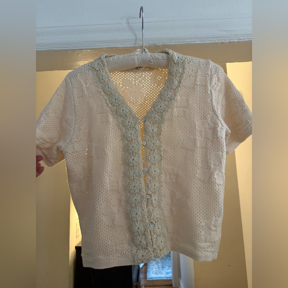 Cream Short Sleeve Cardigan with Lace Trim